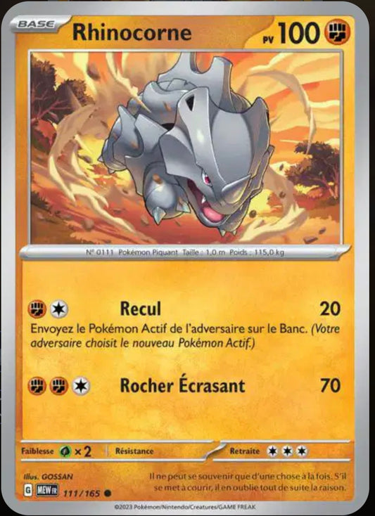 Carte Pokémon Rhinocorne Commune 111/165 - Pokémon 151