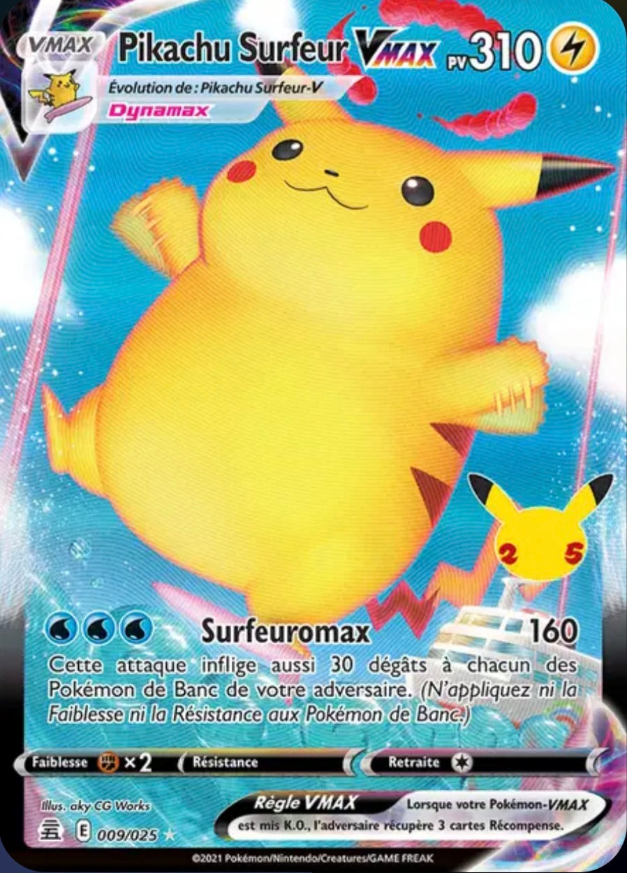 Carte Pokémon Pikachu Surfeur Stamp Célébrations VMax 009/025 - Célébrations