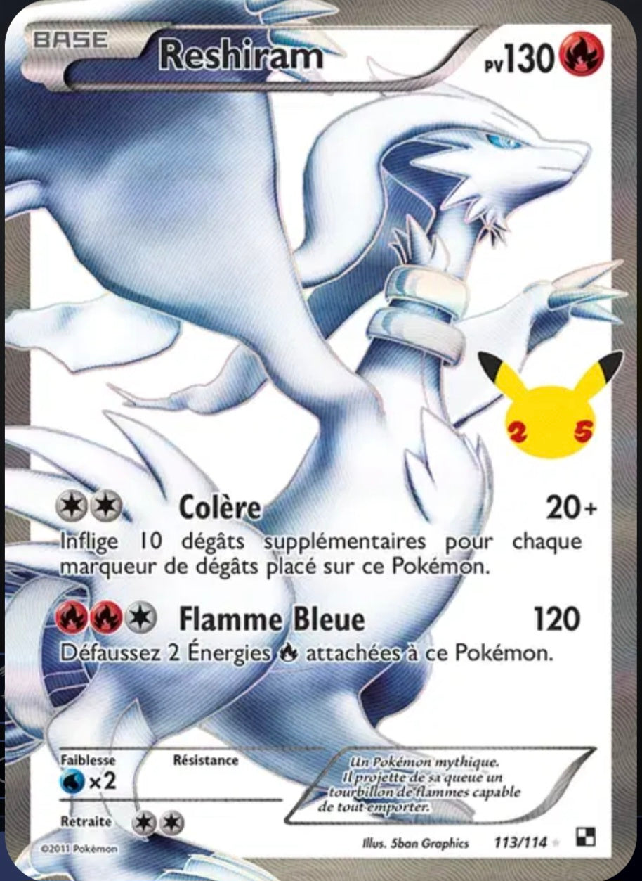 Carte Pokémon Reshiram Full Art Ultra Rare 113/114 - Célébrations